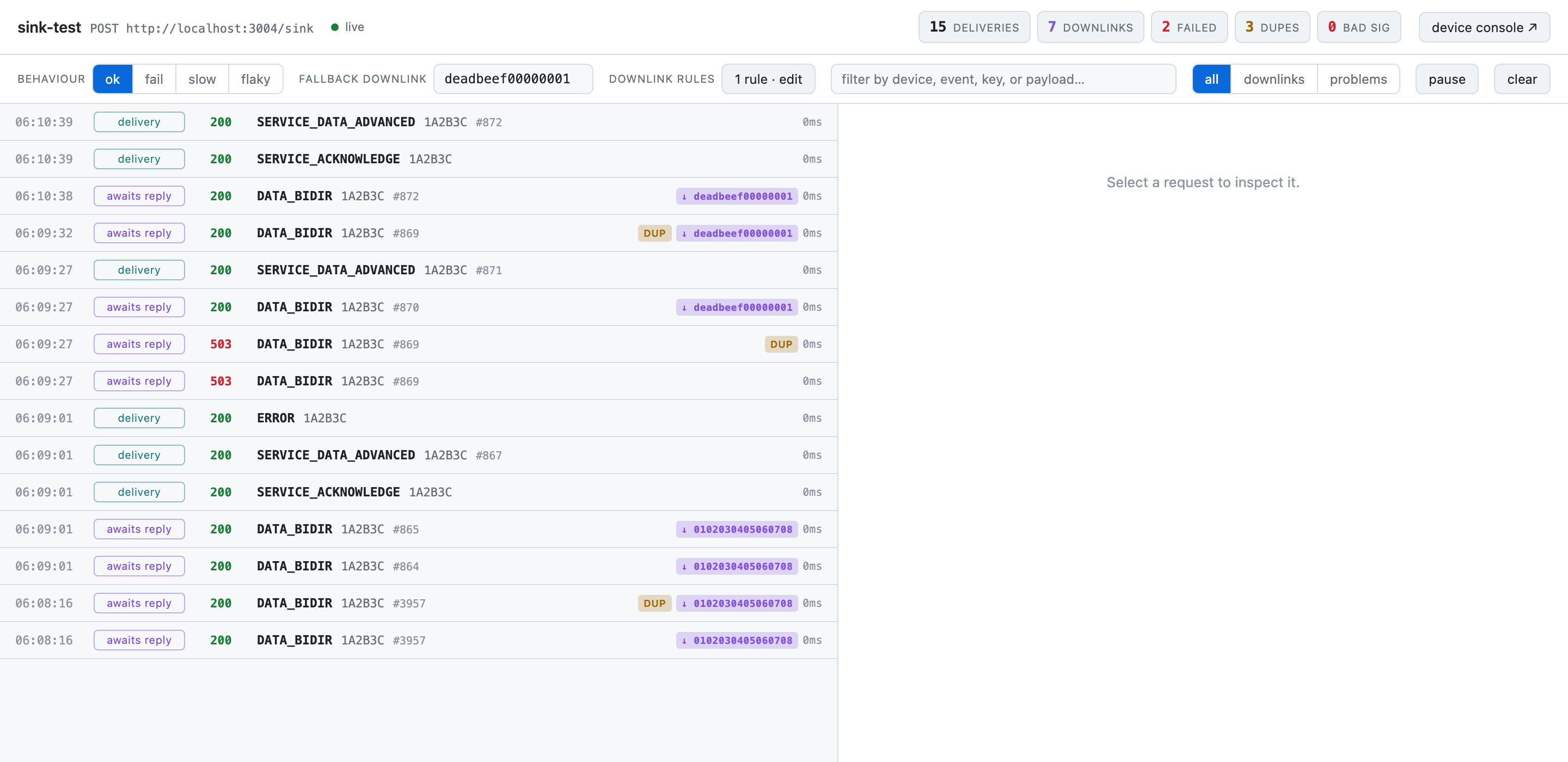 The mock sink console: behaviour controls along the top, one row per delivery below, each labelled by Sigfox callback with its status, downlink hex and DUP flag